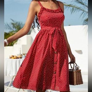 Boho Polka Dot Ruffle Sweetheart Neck Belted Cami Dress Red